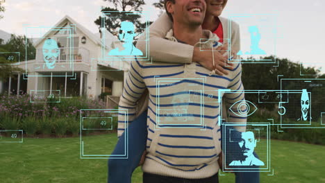 man carrying woman piggybacking in suburban yard, showing turquoise biometric ui scanning faces