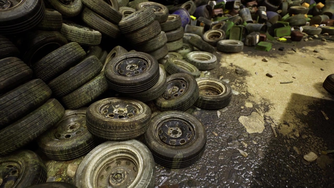 Dim warehouse filled with scattered vehicle wheels and waste