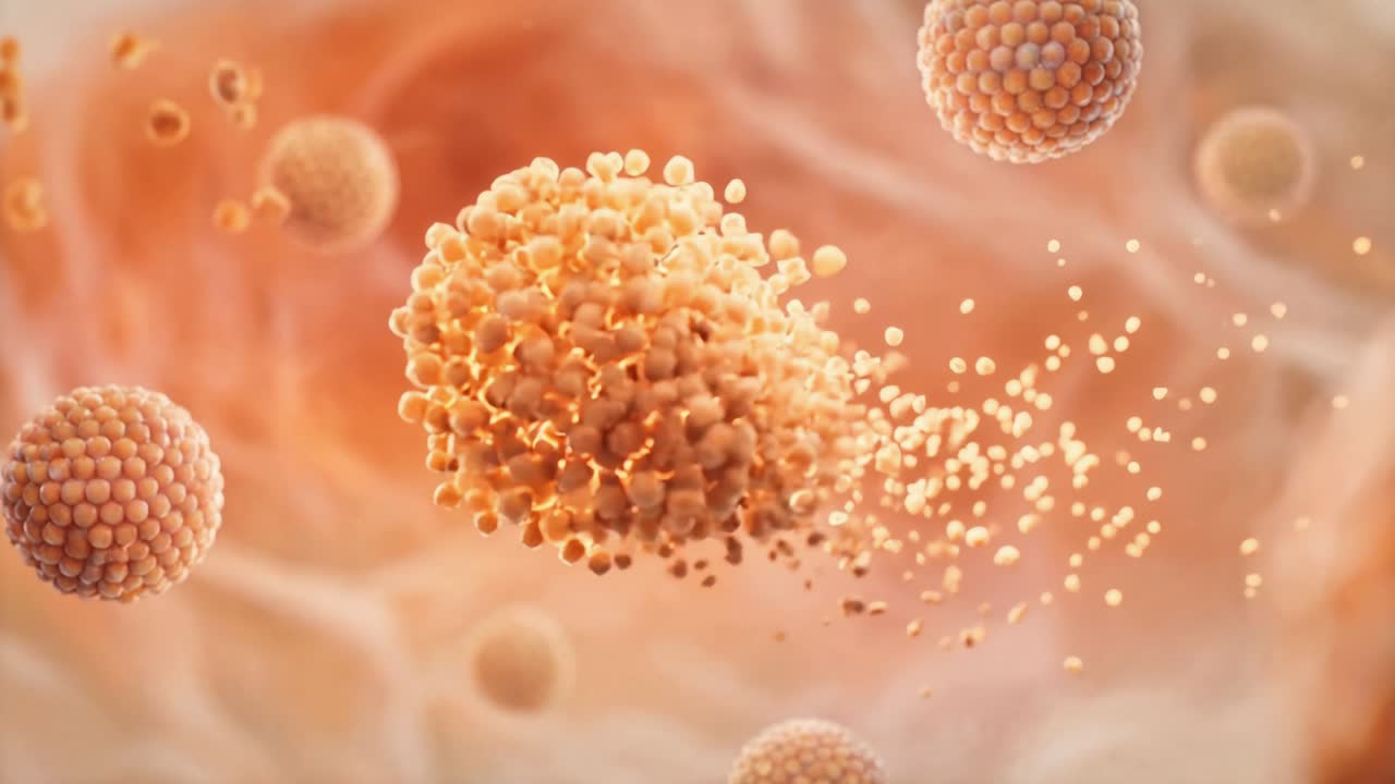 Microscopic cell undergoing membrane rupture and disintegration with particles dispersing in tissue environment