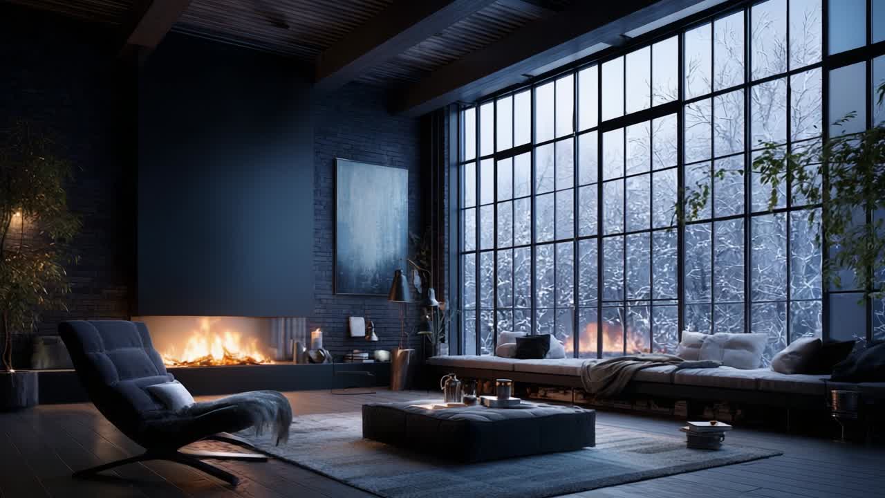 Cozy Winter Retreat: A Serene Living Room With Expansive Windows Overlooking a Snowy Landscape, Featuring a Warm Fire and Minimalist Decor for Ultimate Comfort and Peace