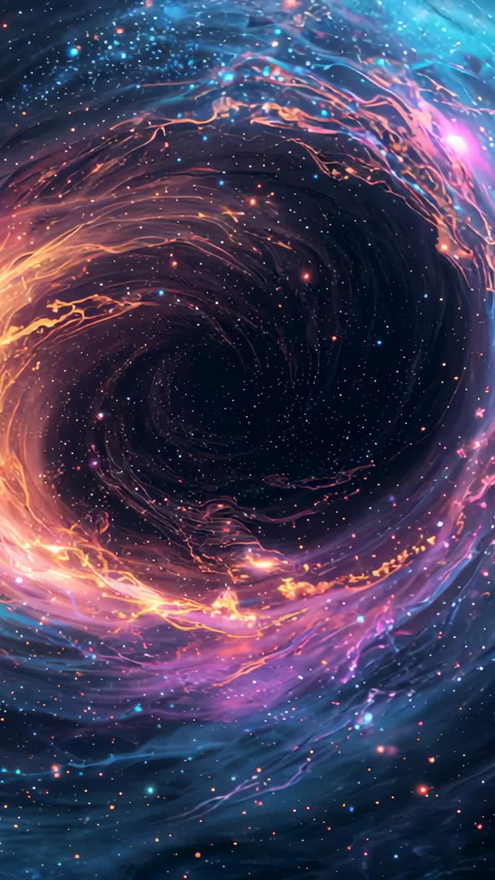 Vertical video: Camera shift sparking spiral drawing stars to dark void, forming gold rim in space