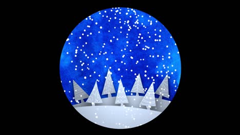 round papercut christmas scene with watercolor night sky and paper fir trees. loopable falling snow and sky motion. winter, christmas, new year concept animation.