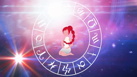 Animation-of-scorpio-star-sign-with-horoscope-wheel-spinning-over-stars-on-blue-to-purple-background