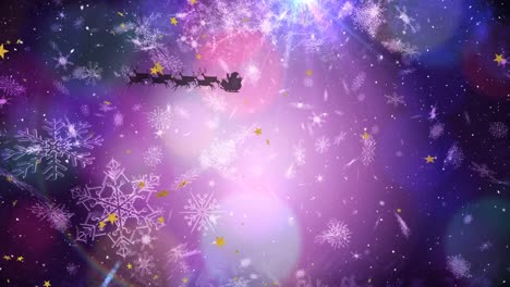 animation of stars and snow falling over santa claus in sleigh with reindeer on purple background