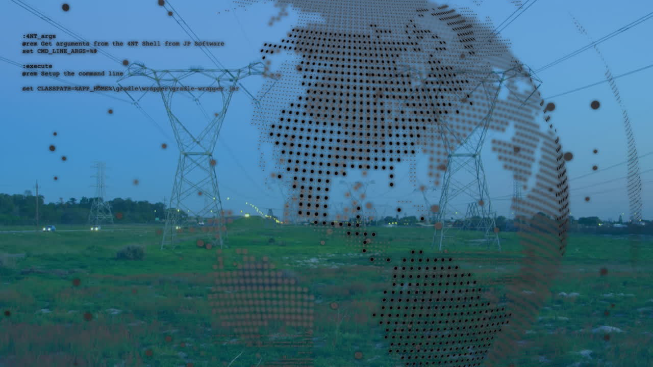 전력 기둥 위의 지구의 애니메이션과 데이터 처리