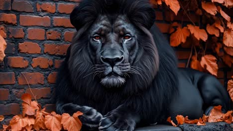 a black lion laying on a brick wall surrounded by leaves