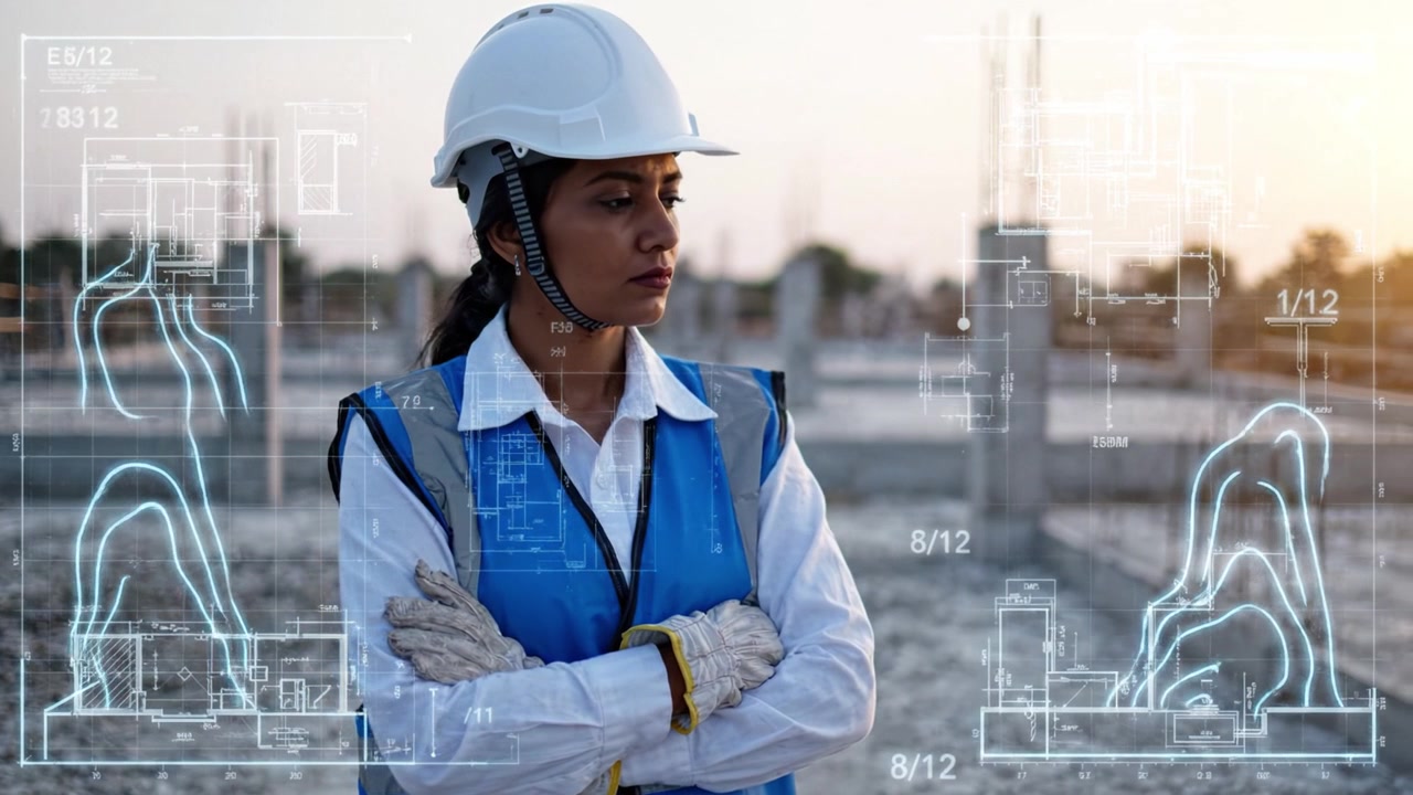 A focused construction manager examines blueprints while overseeing a construction site, highlighting the blend of leadership and engineering in the industry.
