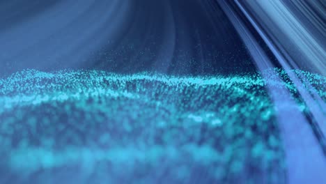 Animation-Blauer-Lichtstrahlen-über-Welligen-Blauen-Partikeln-Auf-Schwarzem-Hintergrund