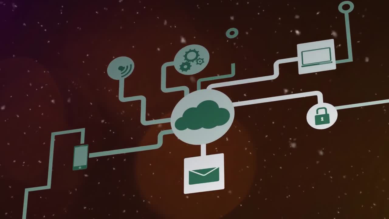 Animation of white particles falling over network of digital icons and spots of light