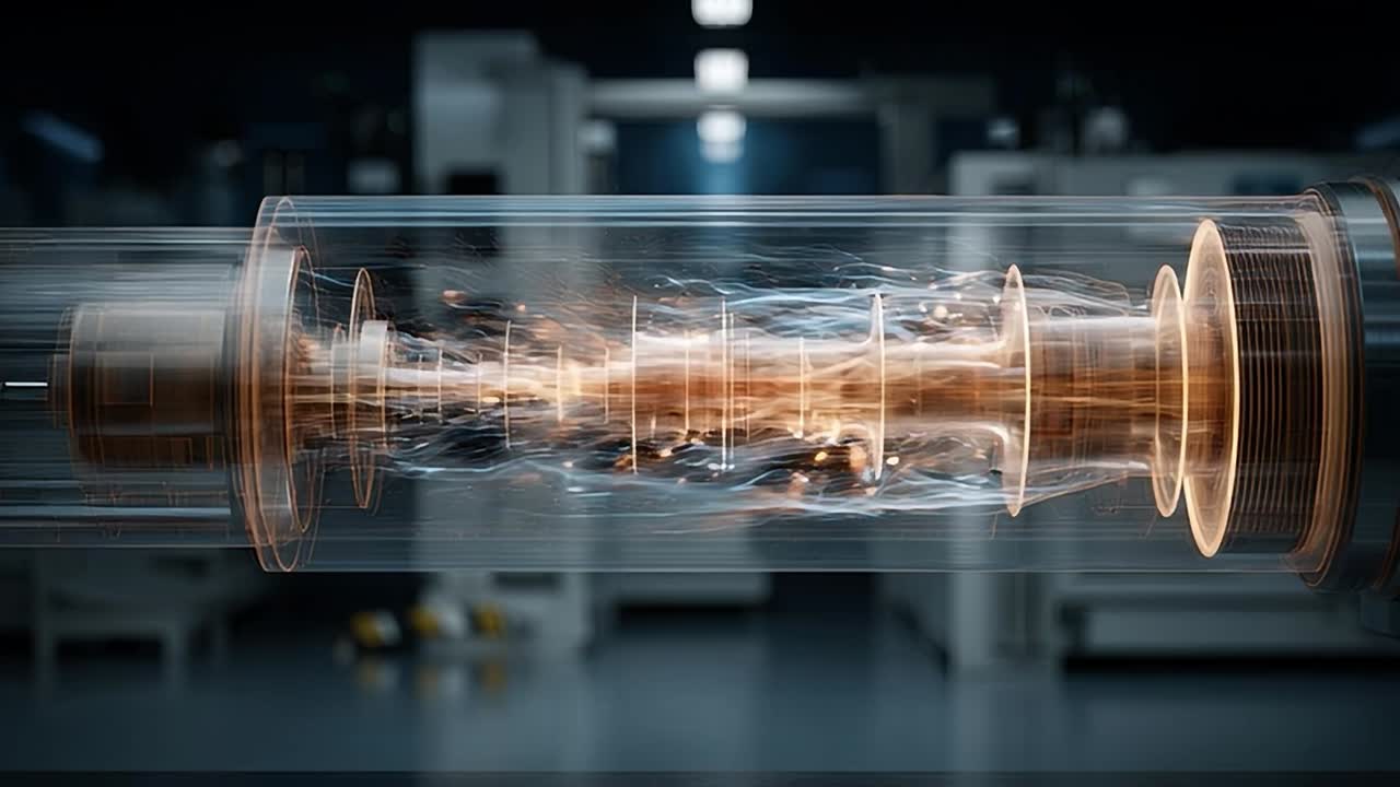 Futuristic energy source with glowing plasma in a modern facility