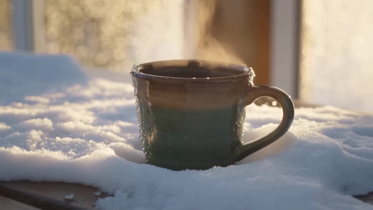 Una taza de cerámica oscura brillante descansa sobre nieve fresca en una superficie de madera rústica, con una bebida caliente en su interior que emite vapor visible mientras las gotas derretidas se forman, corren y reflejan una retroiluminación dorada, con taza, vapor
