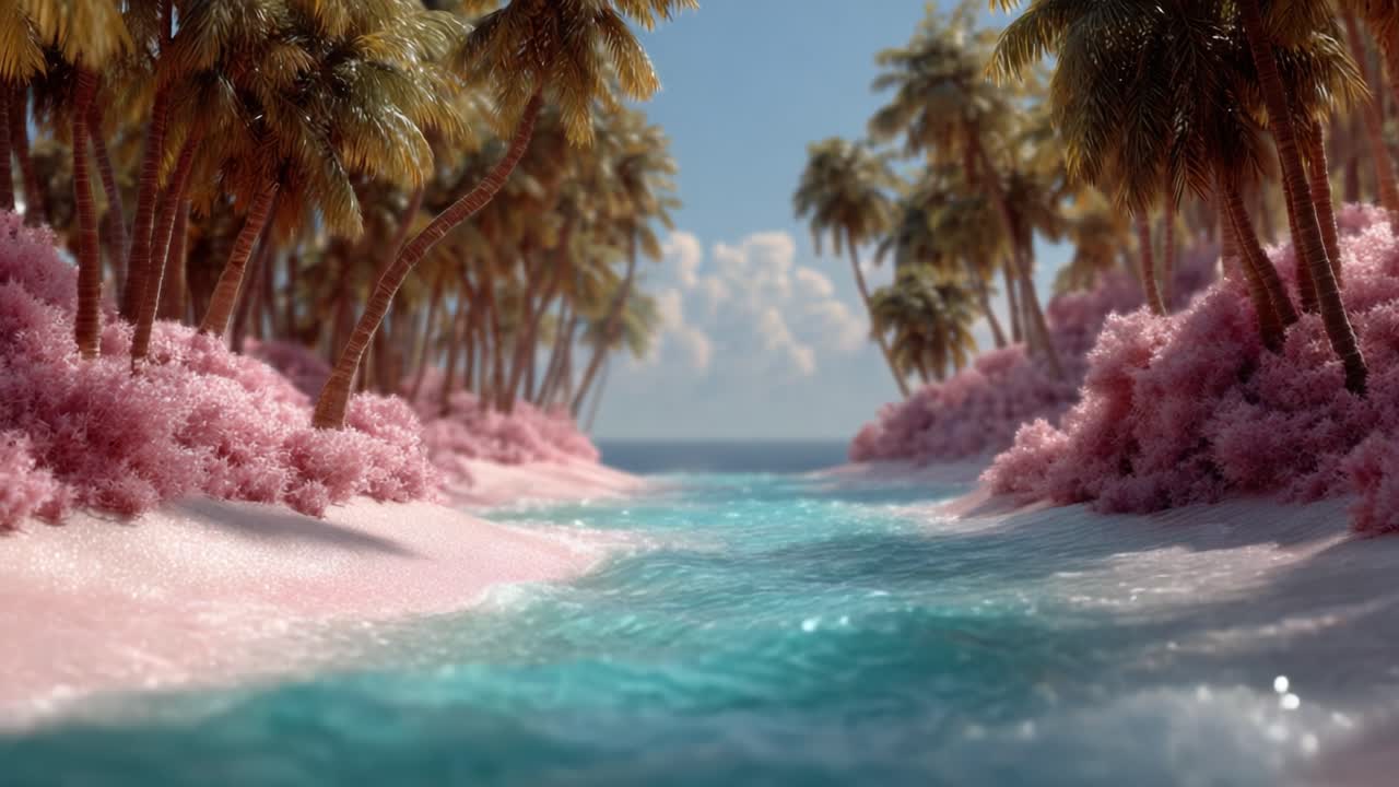 A Serene Tropical Landscape Featuring Lush Palm Trees and Vibrant Pink Flora Along a Tranquil Waterway Under a Bright Sky
