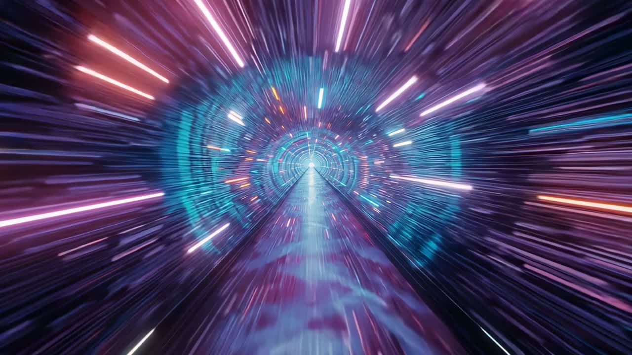 Accelerating camera through neon tunnel with rings and bars after sequence, speeding toward portal