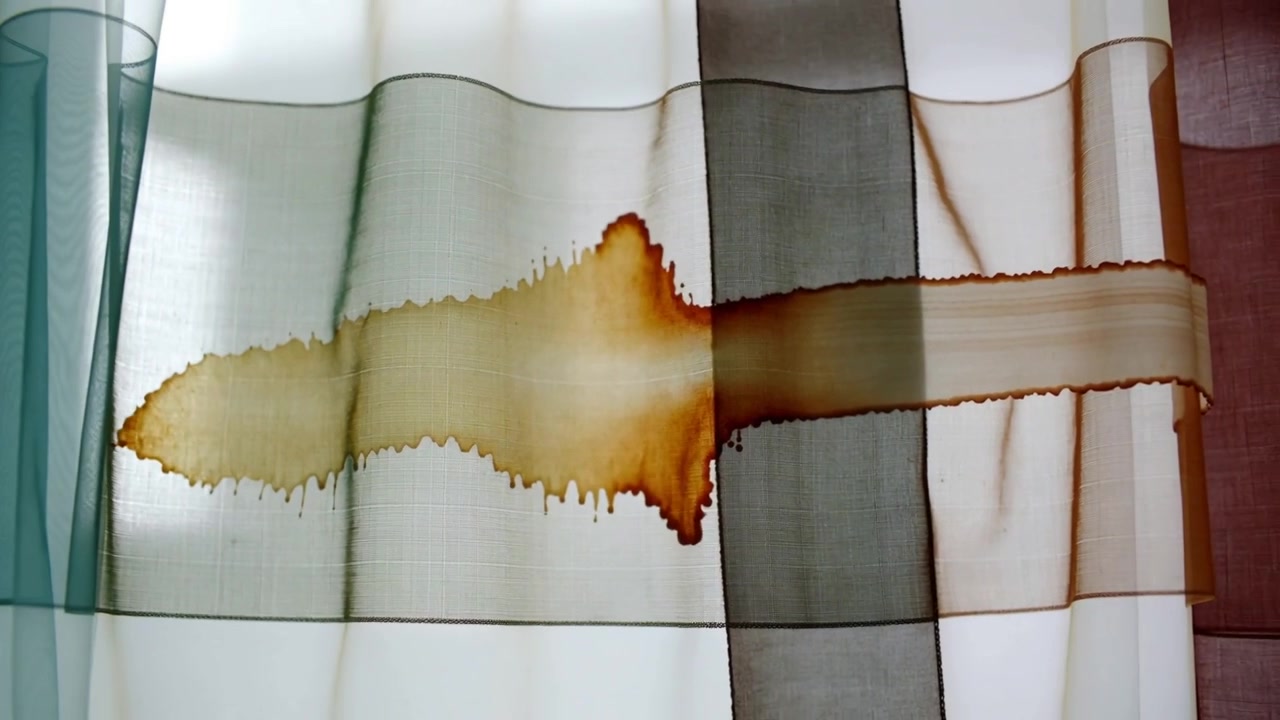Large Brown Stain Spreading on Sheer Window Curtain