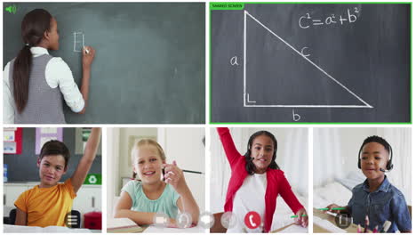 animation of six screens of diverse children, teacher and chalkboard during online maths lesson