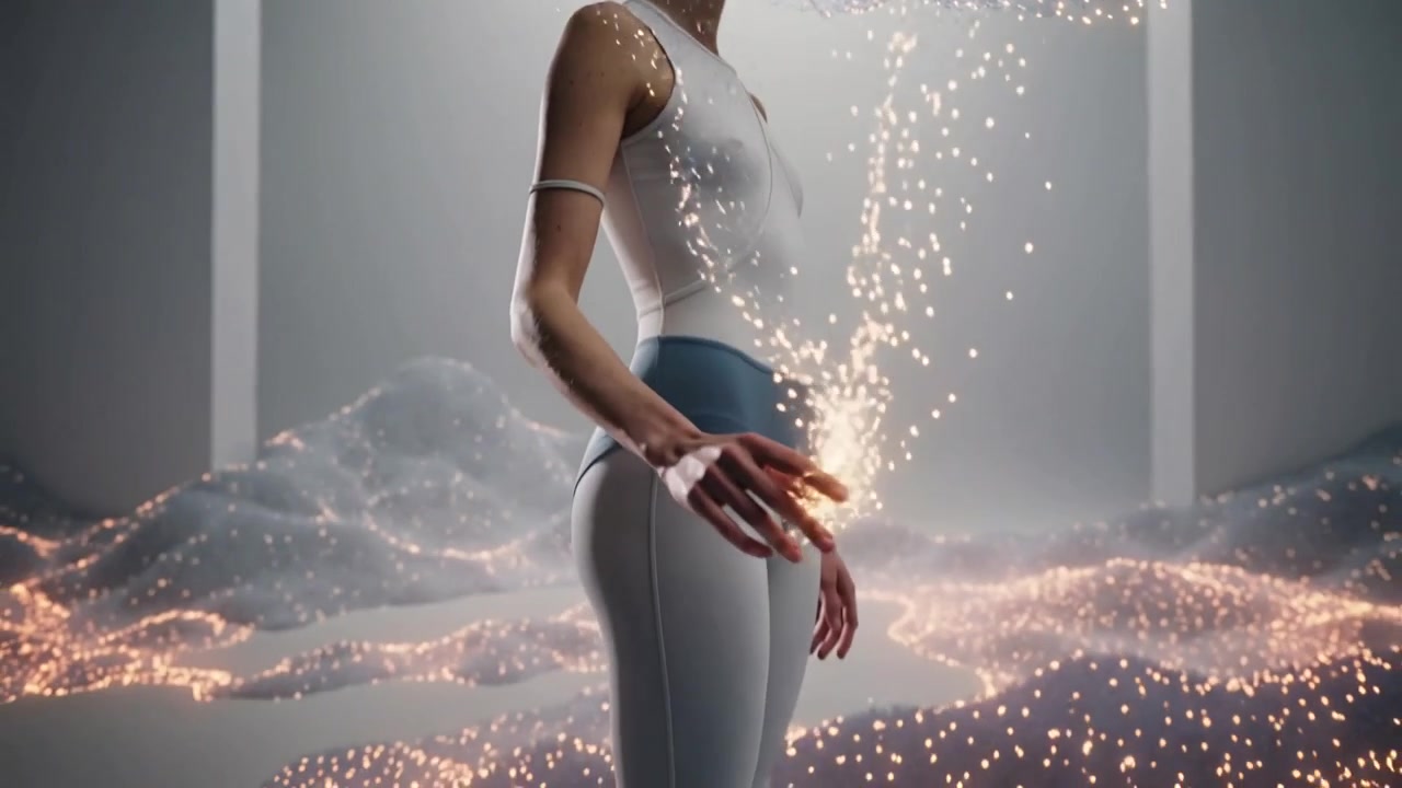 Reikende danser reageert op een zwevende vonkenband in een studio, in een wit pak, met een armband, en vormt licht