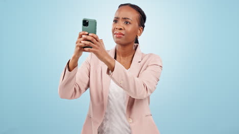 Phone,-fail-and-black-woman-in-studio-confused
