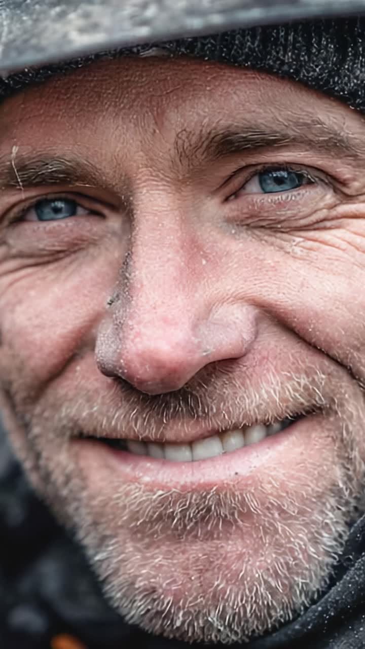 Primo piano di un uomo sorridente con occhi azzurri e un aspetto rude, che cattura un momento intimo pieno di espressione e personalità in una morbida luce naturale