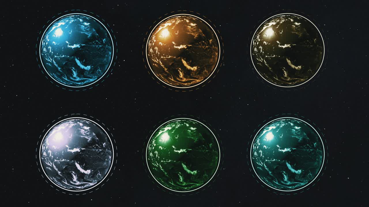 Six different colorful planets in rows spinning over starry dark space.