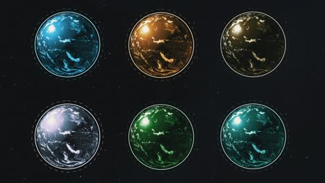 six different colorful planets in rows spinning over starry dark space.