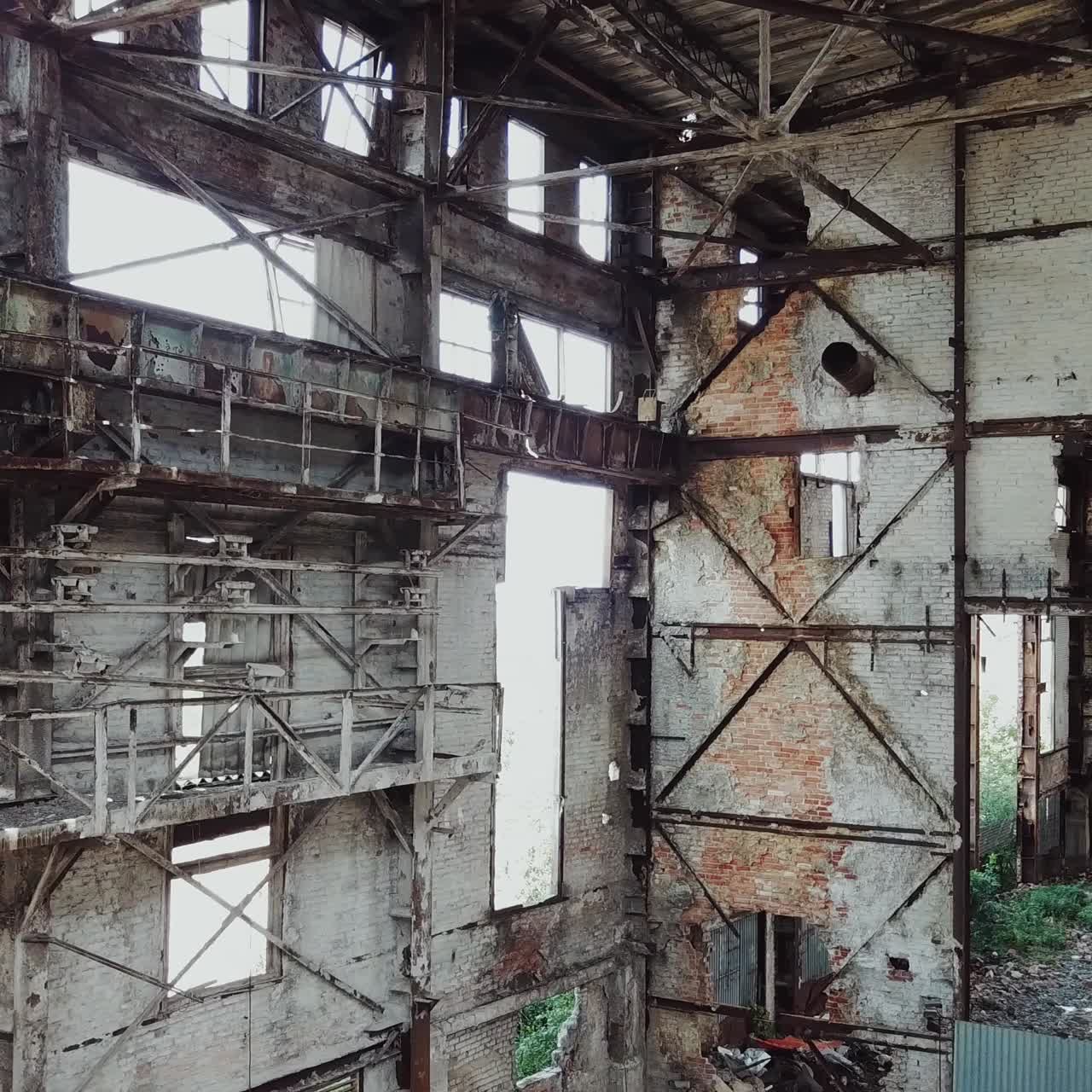 Aerial view of the ruined buildings from the war. Factory ruins
