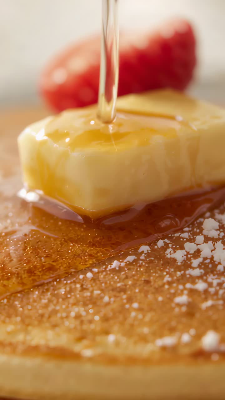 Vertical video: Pouring syrup onto pancake with butter pat on plate, glazing top and melting butter