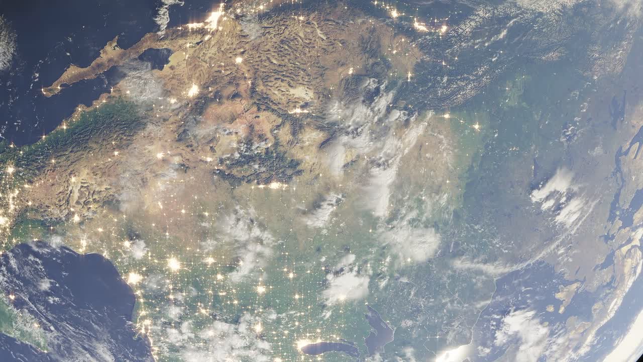 행성 지구의 공간 뷰, 수도와 함께 회전하는 지구, 빛 오염, 바다, 구름 형성, 3d 렌더링 애니메이션