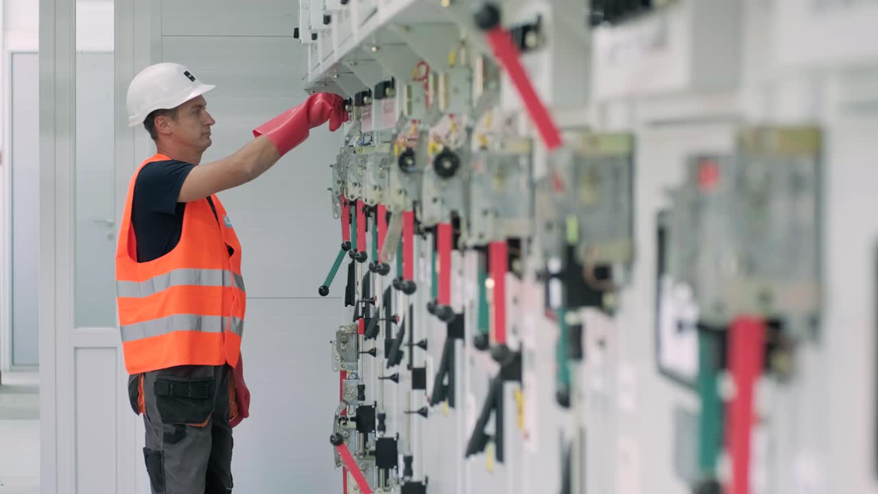 el ingeniero eléctrico que trabaja comprueba la tensión de corriente eléctrica y la sobrecarga en la parte delantera del gabinete del centro de carga o de la unidad de consumo para el mantenimiento en la sala principal del sistema de distribución de energía.