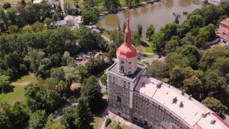 oblouk pan backward drone shot of socialist realism bulding complex, ostrava, czech republic