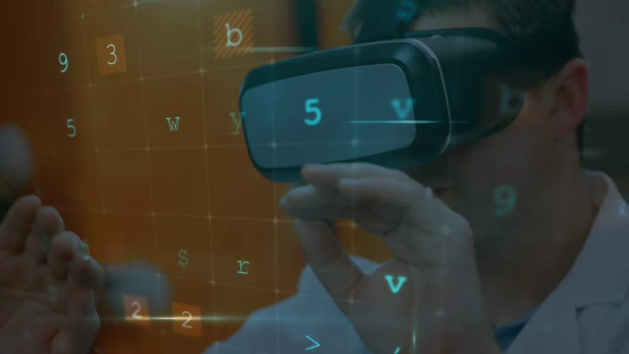 Animation of cyber attack warning over scientist with vr headset