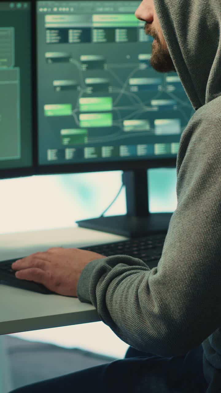 Mann i hettegenser analyserer data på flere dataskjermer