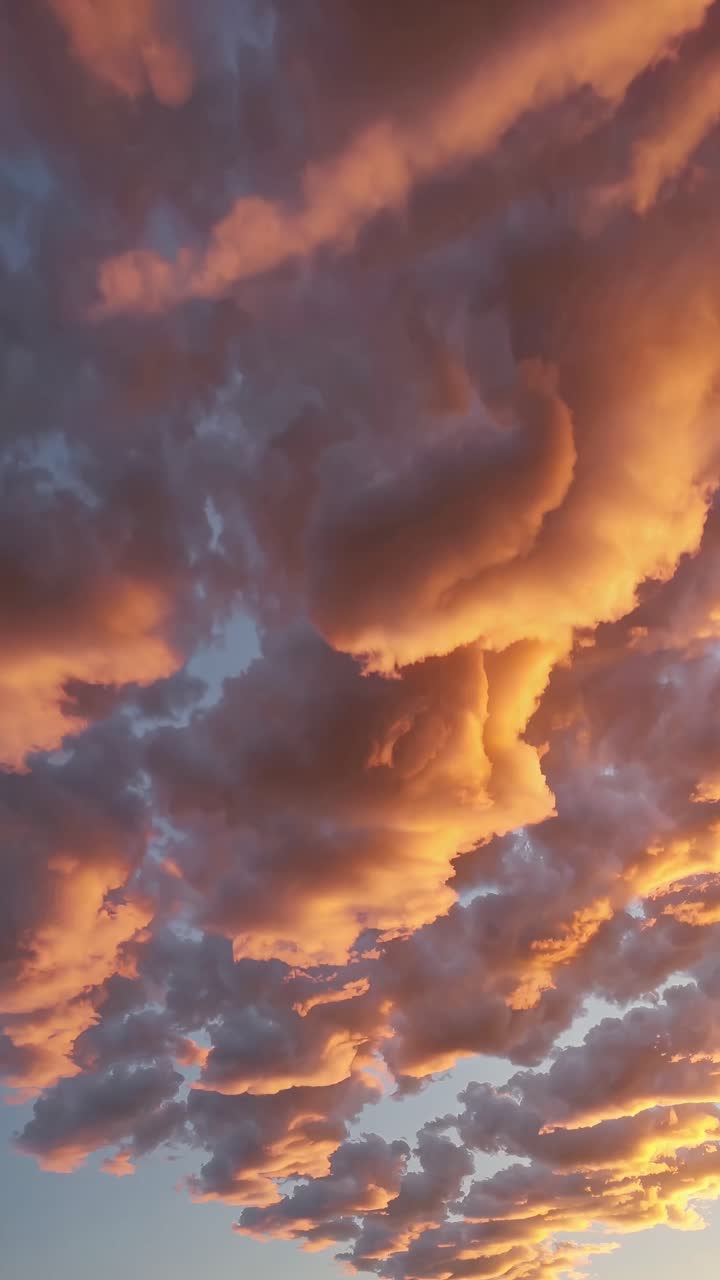 Dramatic low-angle view of sunset clouds, capturing vibrant hues and dynamic formations, perfect