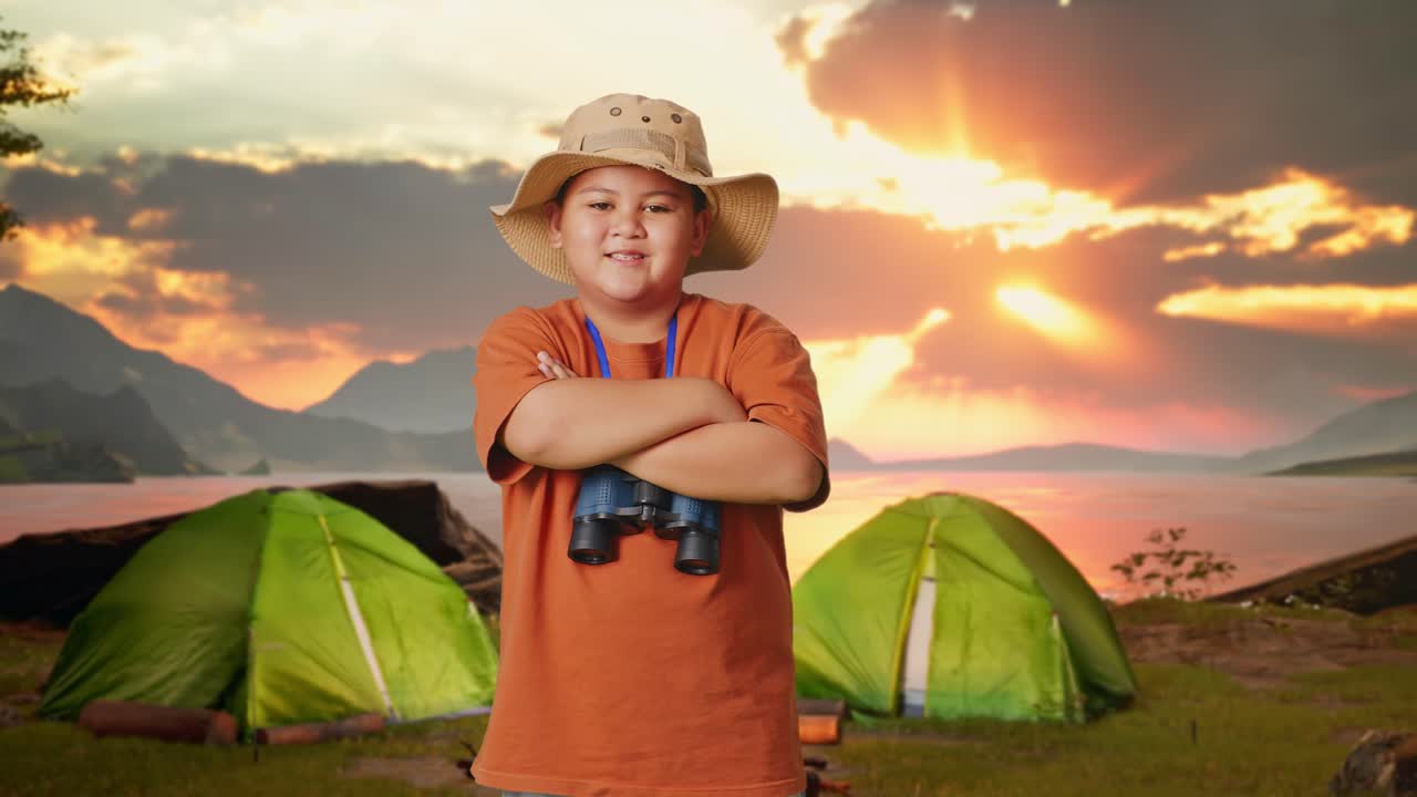 Smiling Boy Camping at Sunset