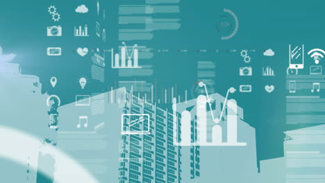 animation of financial data processing over cityscape