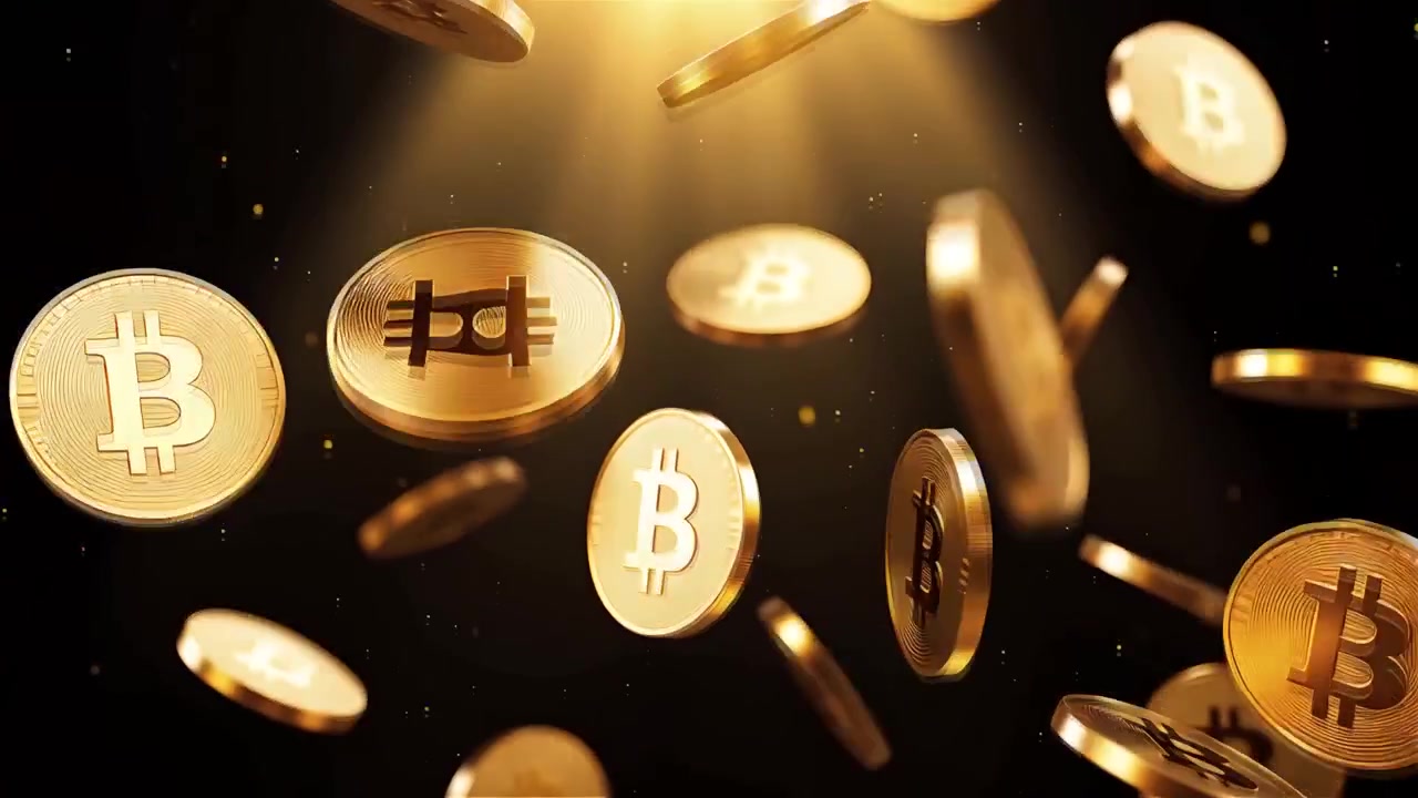 Bitcoin in rotazione su sfondo nero drammatico 4k