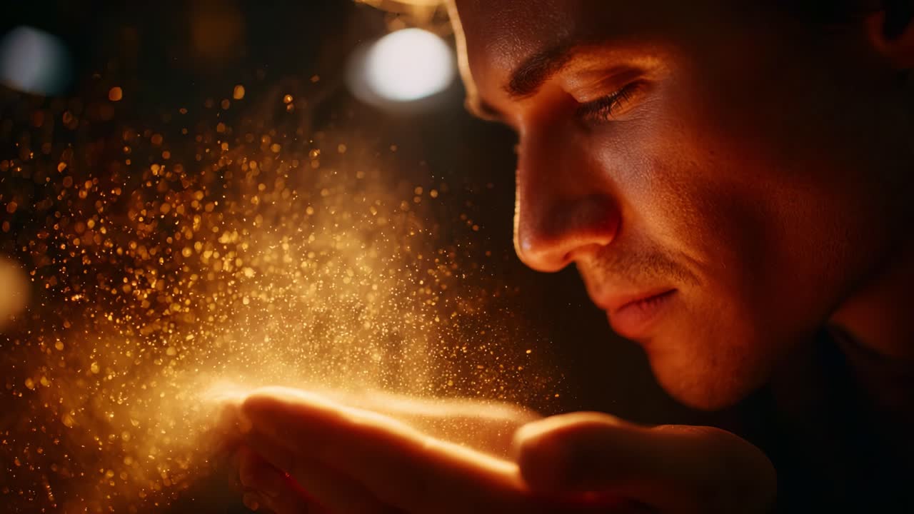 A man gazes intently at shimmering particles in his hands, contemplating the ethereal beauty and transient nature of life and moments captured in stillness