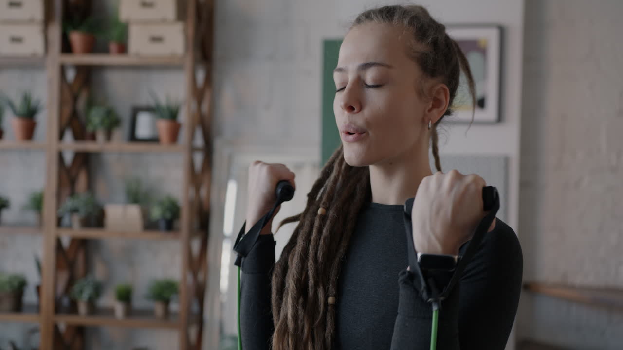 Woman exercising at home with resistance bands