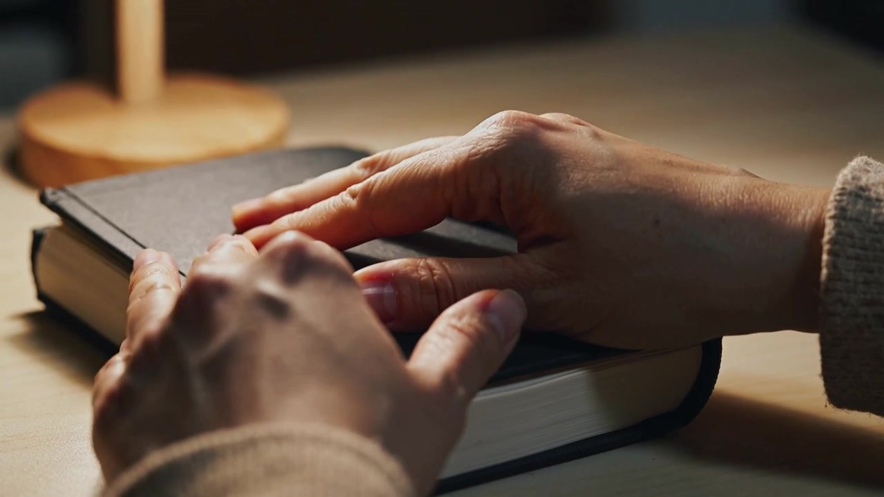 Mani con manica in maglia beige che sfogliano le pagine alla scrivania per finire di chiudere un libro con copertina rigida sotto una lampada.