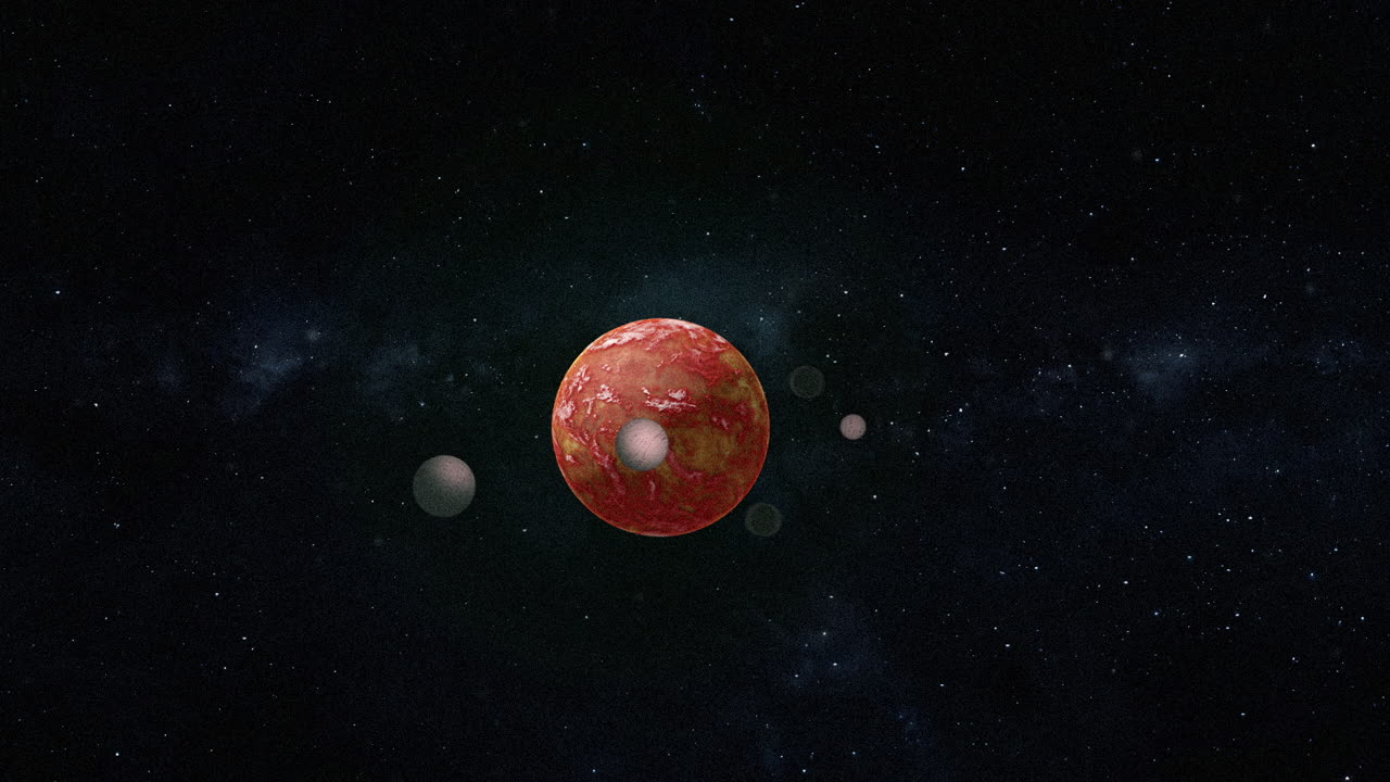 Red dwarf hot planet moving in space with 4 moons orbiting around its axis and approaching in front of the camera