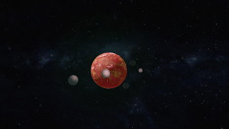 red dwarf hot planet moving in space with 4 moons orbiting around its axis and approaching in front of the camera