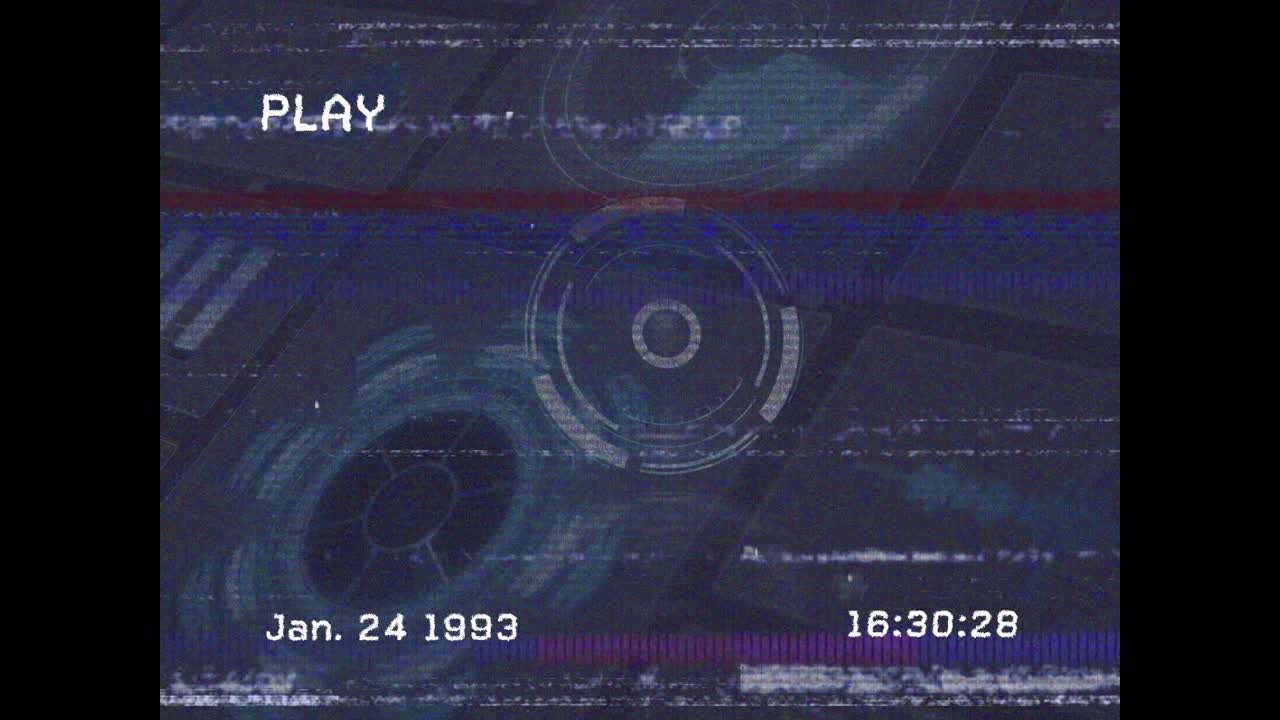 Animation of retro VHS tape glitch effects with futuristic circular graphics