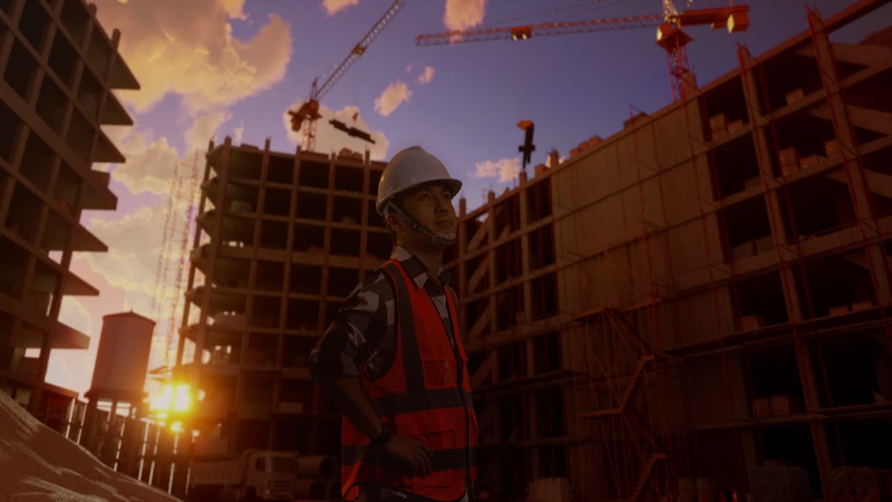 Side View Of Asian Male Engineer Wearing Safety Helmet Looking Around While Standing With Arms Akimbo At Construction Site, During Sunset Or Sunrise Time