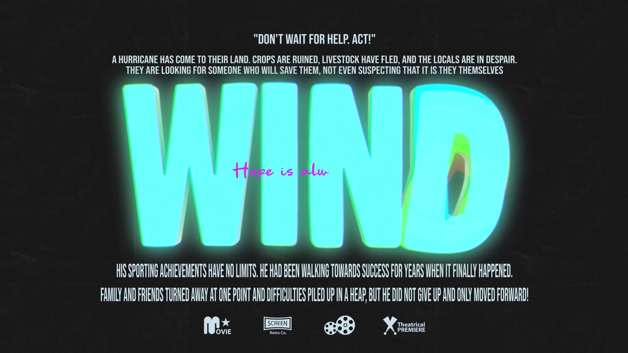 Cartello del titolo di un film d'animazione per "Wind" con tipografia al neon