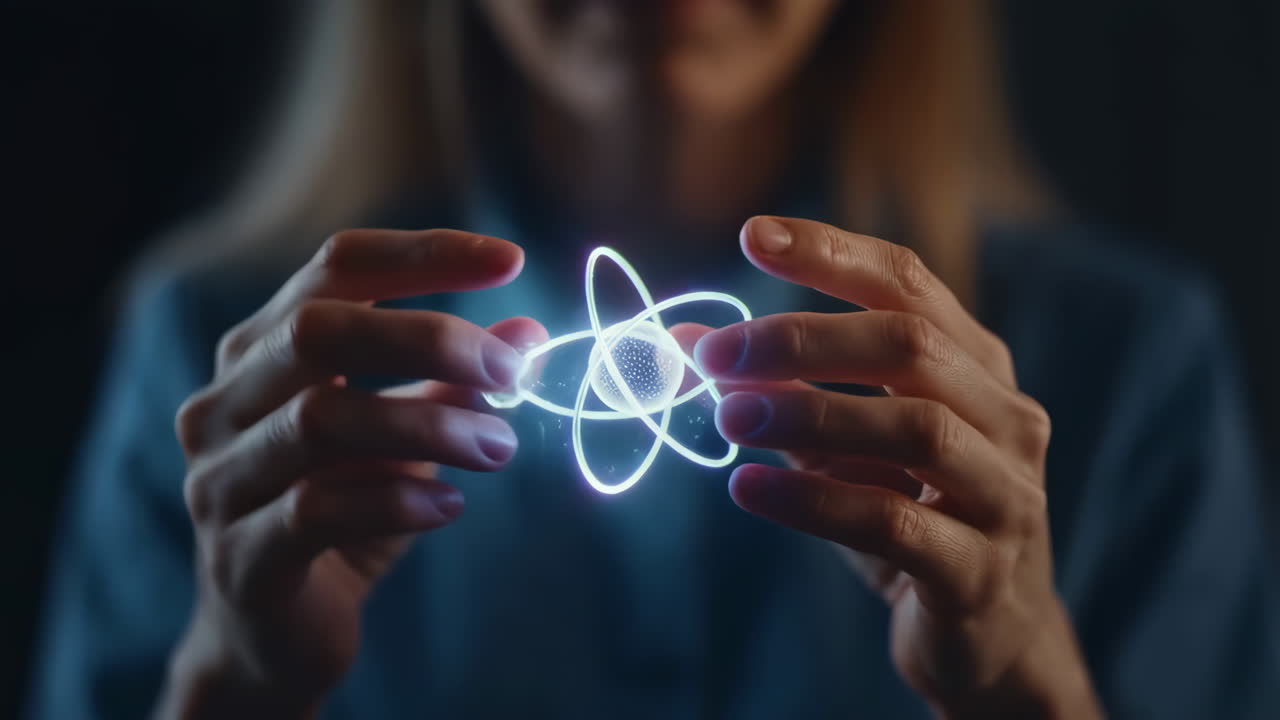 Woman Holding a Glowing Atom Model