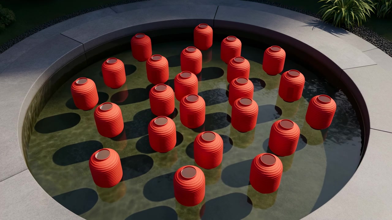 Elevated oblique view of circular shallow pool containing evenly spaced red ribbed cylindrical lanterns that appear to float or rest on glossy greenish water