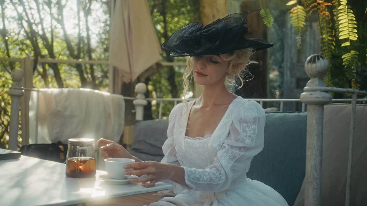 Donna elegante in abito vintage che versa e beve tè all'aperto