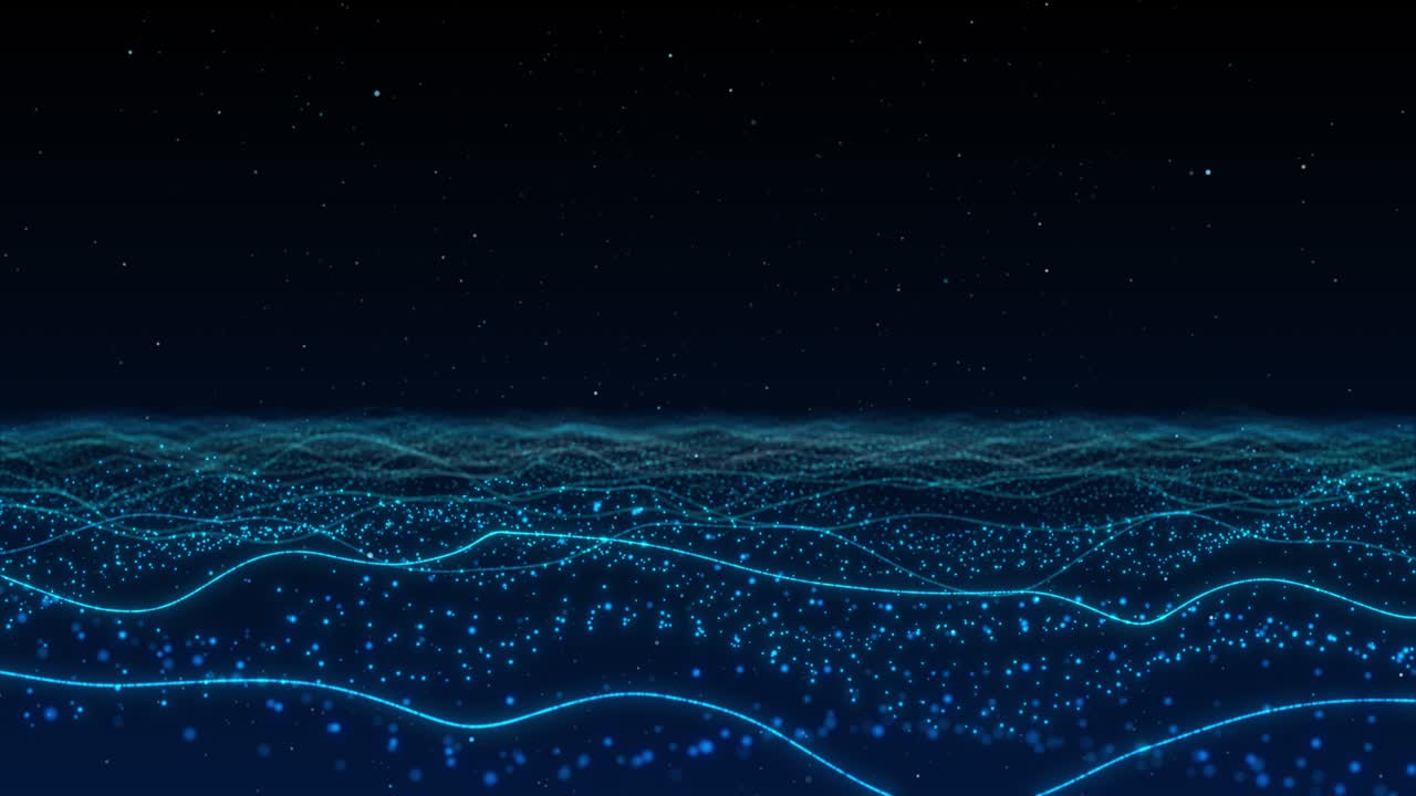 Digital cyber or technology background blue wave light flowing small particles dance motion cyber