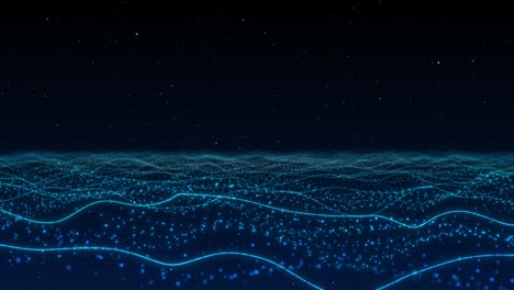 digital cyber or technology background blue wave light flowing small particles dance motion cyber
