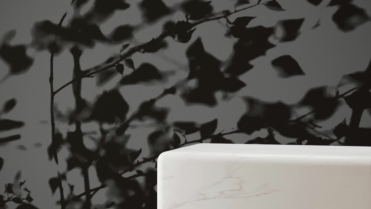 White marble pedestal with shadow of branches on a black background