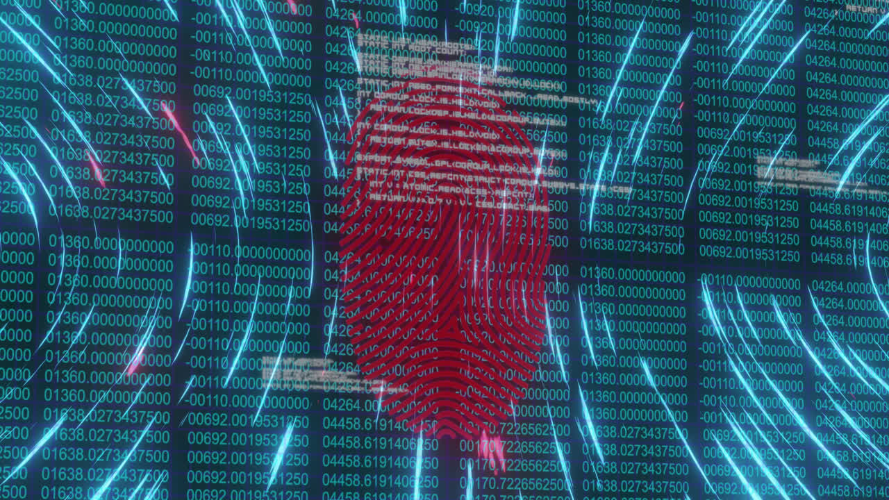 animación de escáner biométrico de huellas dactilares y senderos de luz giratorios contra la codificación binaria